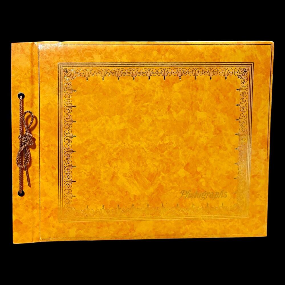 Vintage Photo Album Orange Gold Padded Leatherette 14 x 11 Black Pages USA